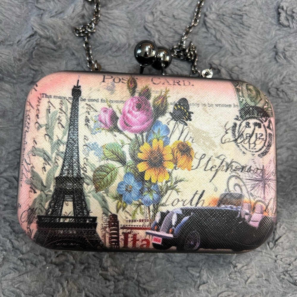 Pink and Black Clutch with Chain Strap and Vintage Design